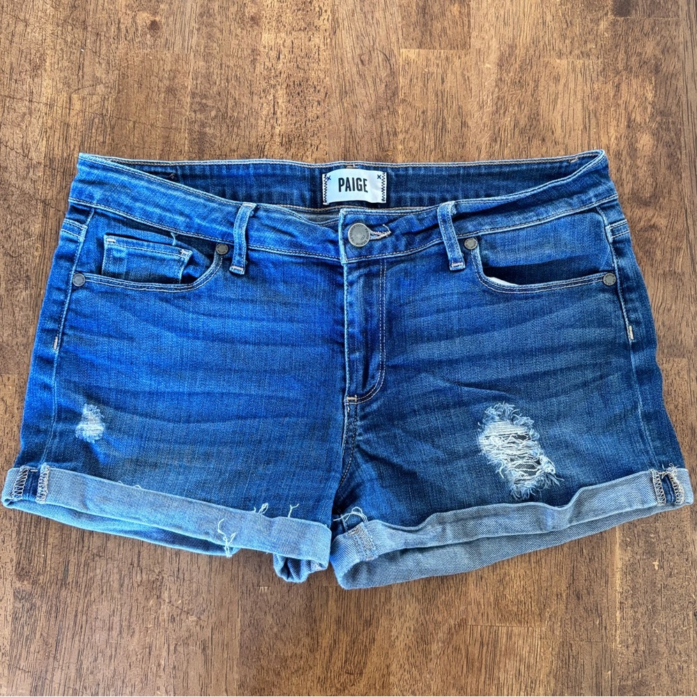 PAIGE Dark Blue Distressed Rolled-Hem Denim Shorts